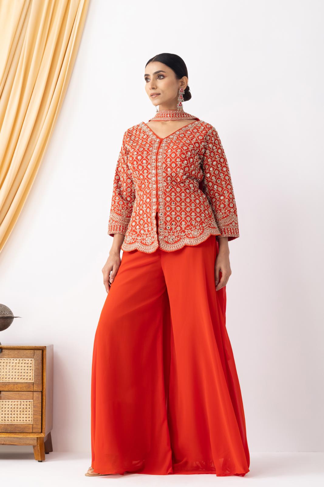 Orange Sharara with Full Embroidered Top &amp; Choker Dupatta