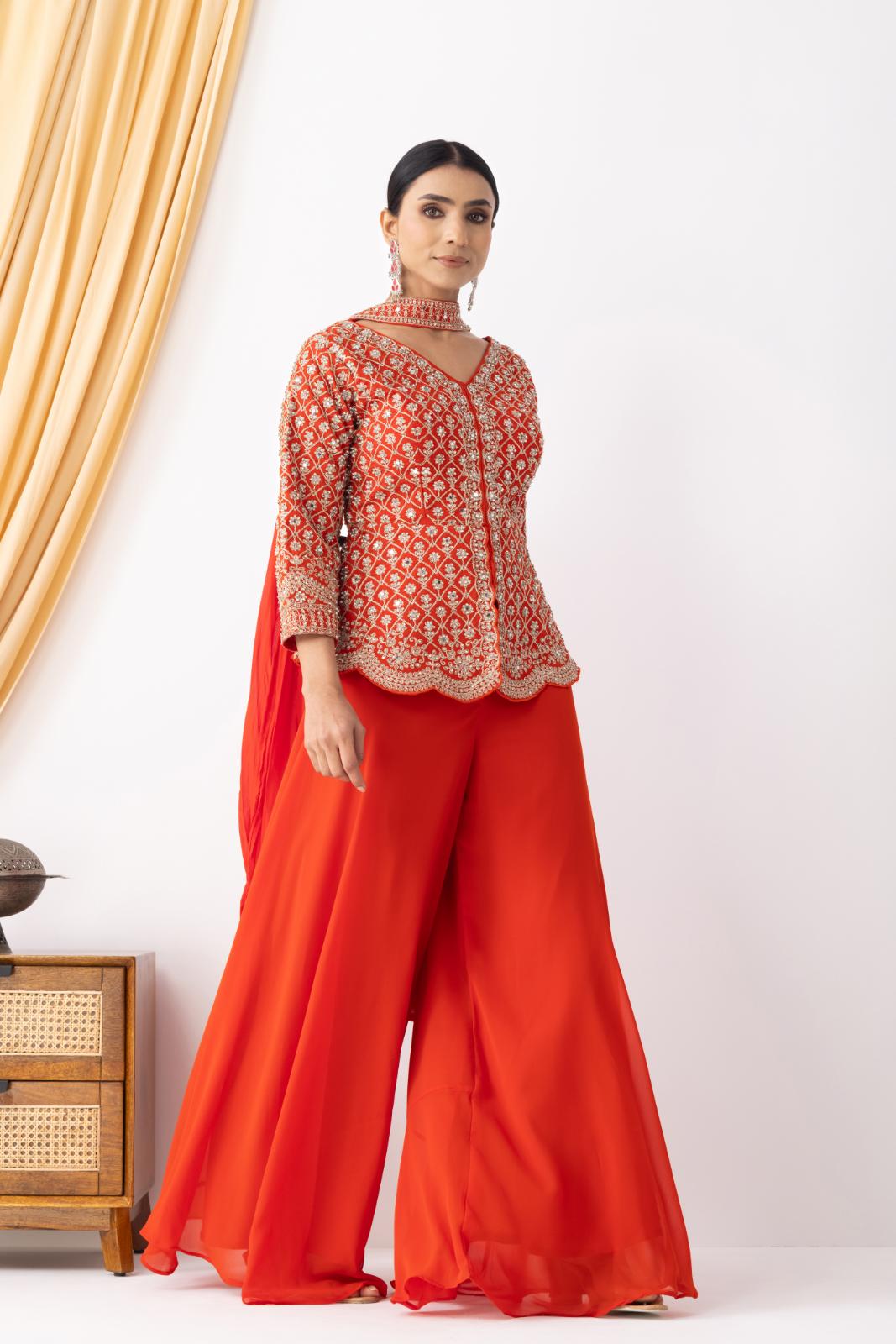 Orange Sharara with Full Embroidered Top &amp; Choker Dupatta