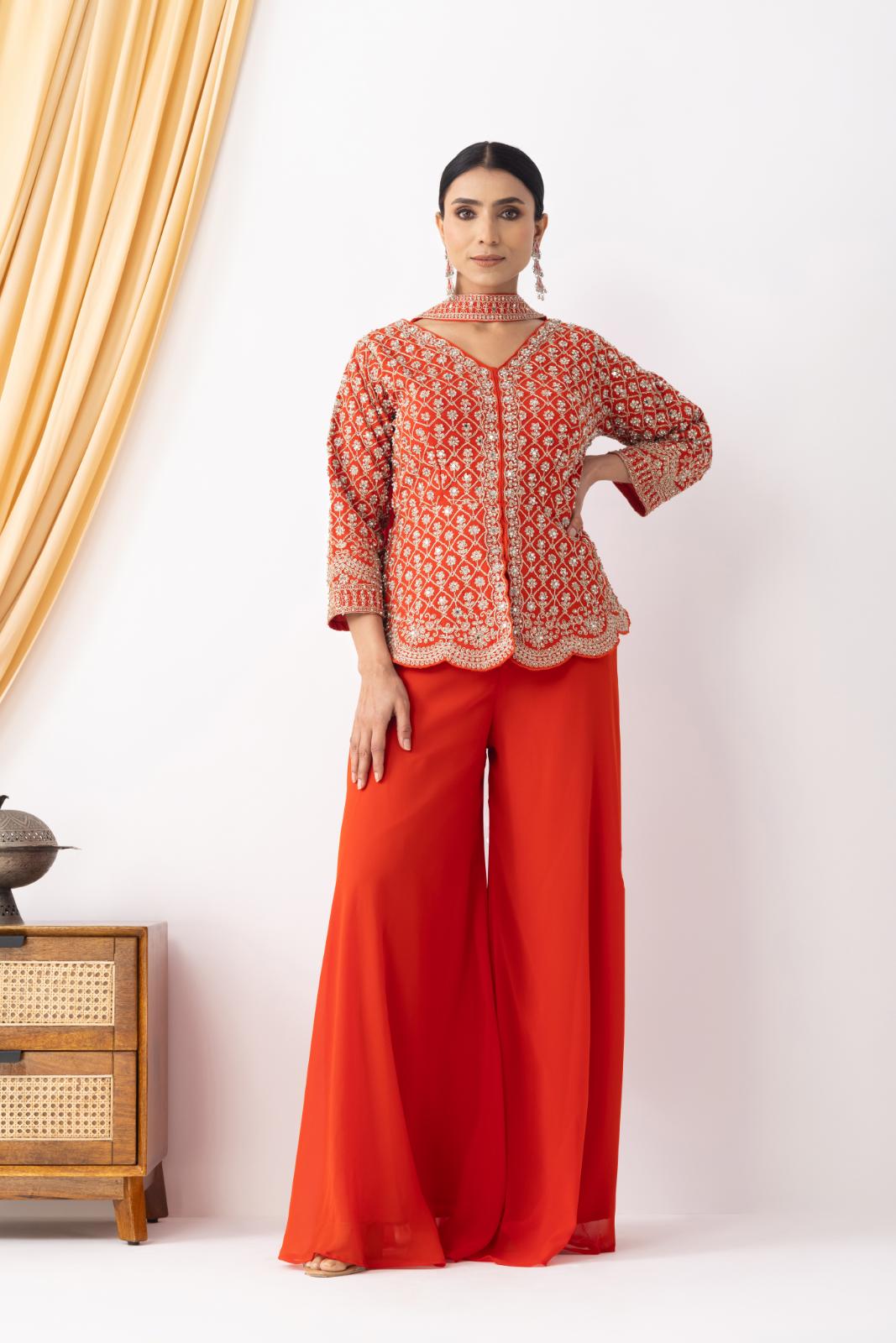 Orange Sharara with Full Embroidered Top &amp; Choker Dupatta