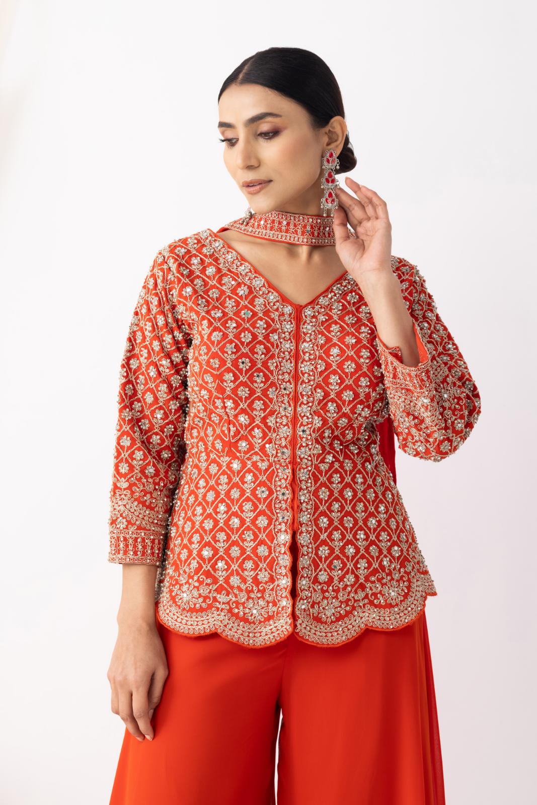 Orange Sharara with Full Embroidered Top &amp; Choker Dupatta