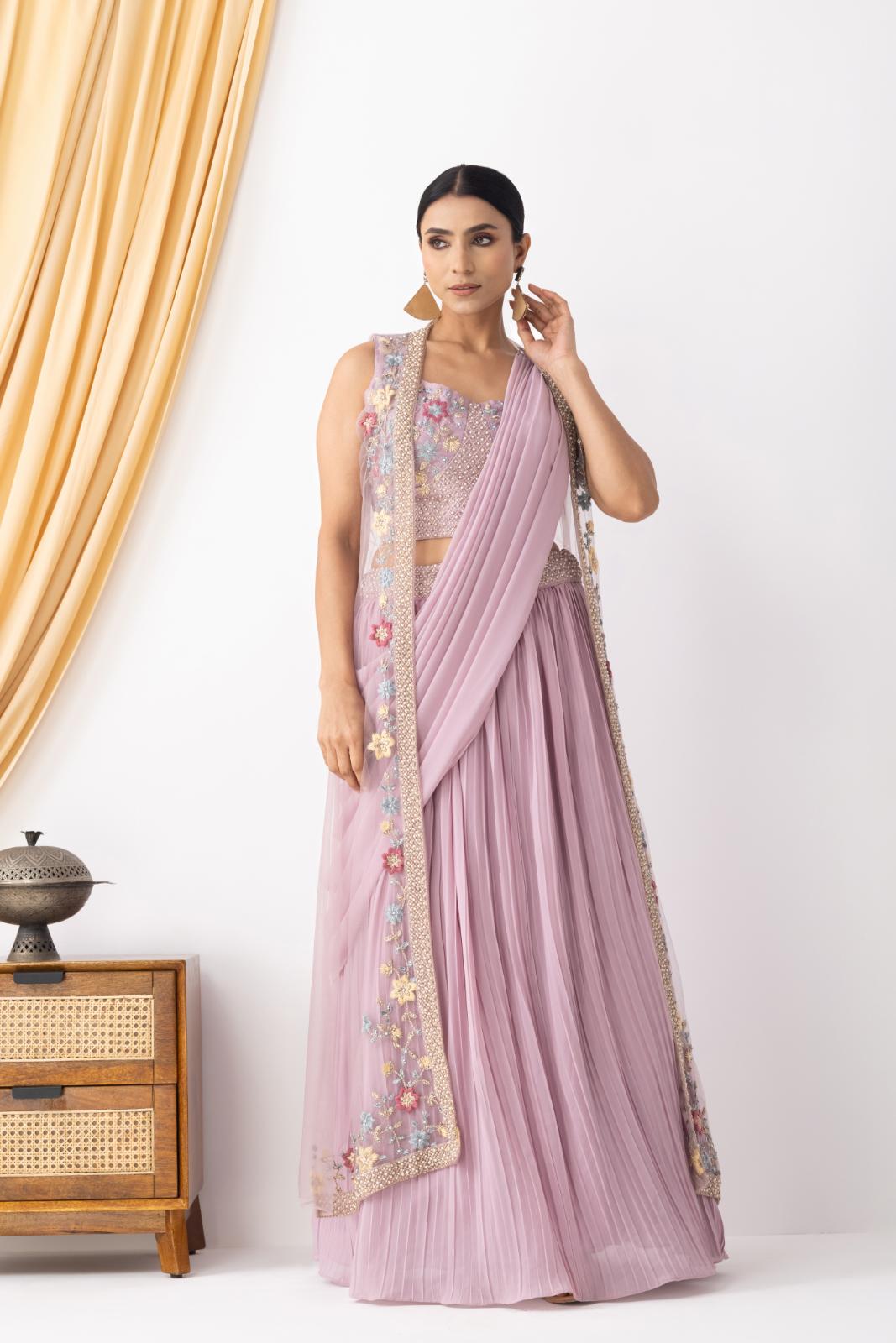 Mauve Georgette Draped Jacket Saree Set