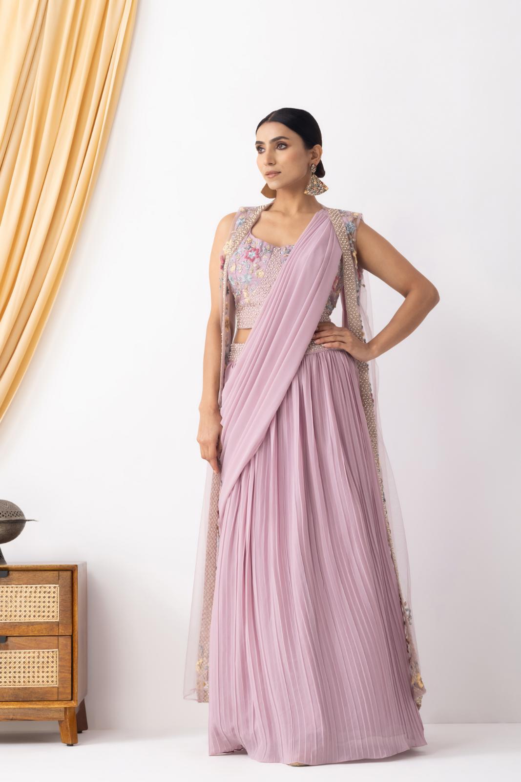 Mauve Georgette Draped Jacket Saree Set