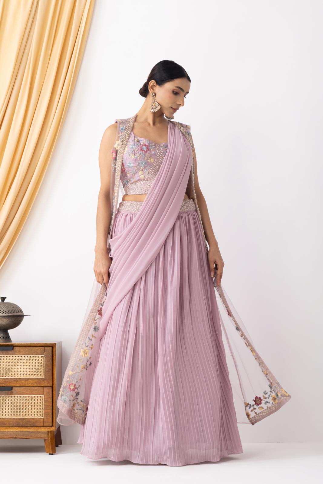 Mauve Georgette Draped Jacket Saree Set