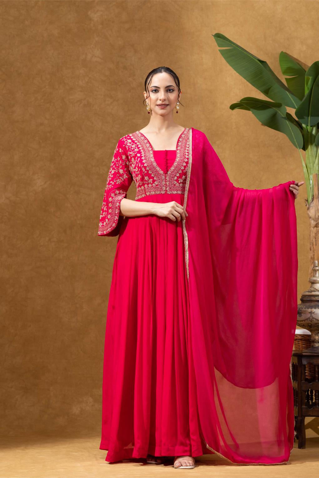 Magenta Pink Embroidered Anarkali Gown