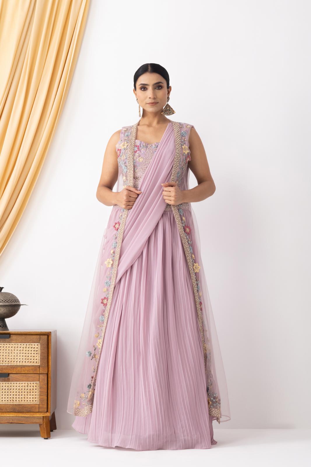 Mauve Georgette Draped Jacket Saree Set