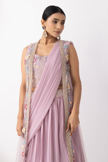 Mauve Georgette Draped Jacket Saree Set