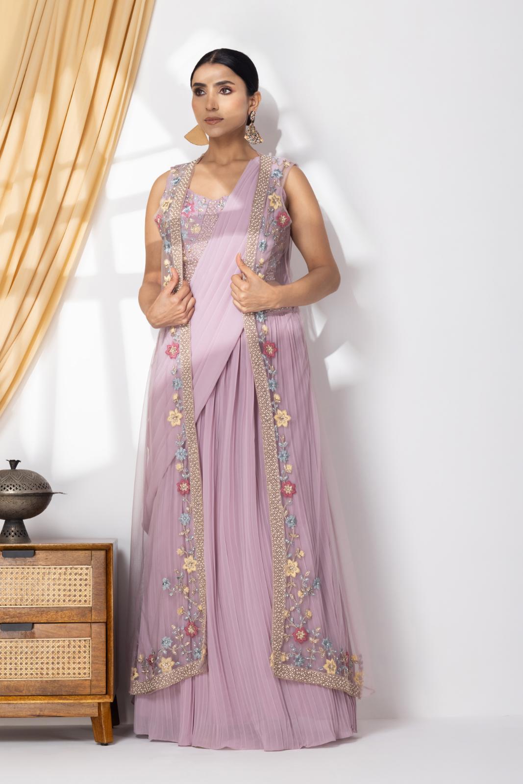 Mauve Georgette Draped Jacket Saree Set