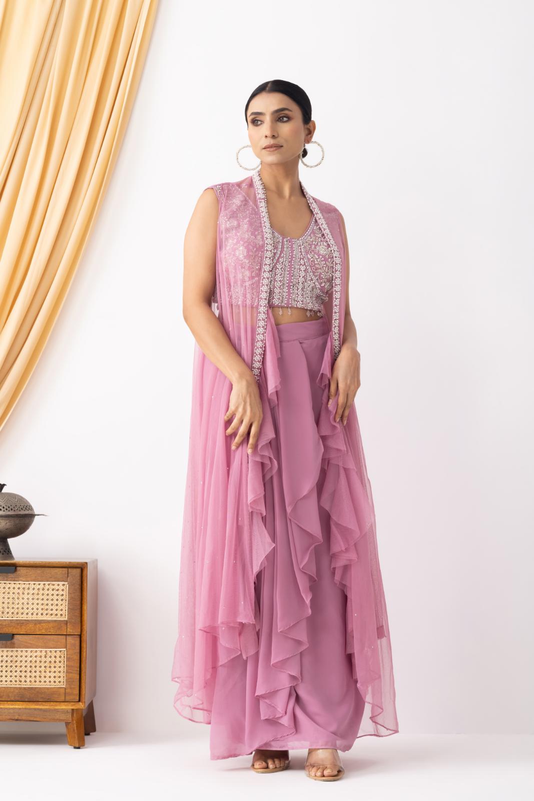 Pink Embellished Cape Set with Pleated Skirt