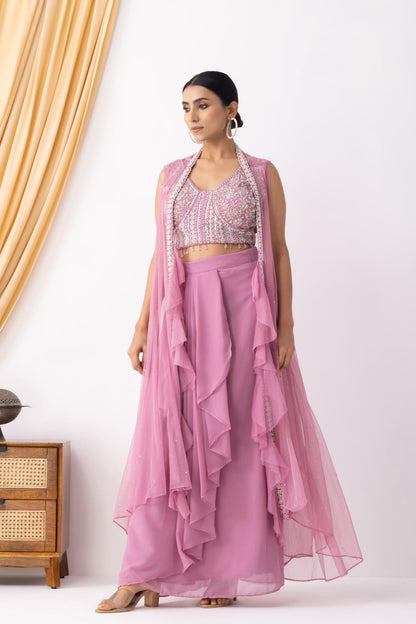 Pink Embellished Cape Set with Pleated Skirt