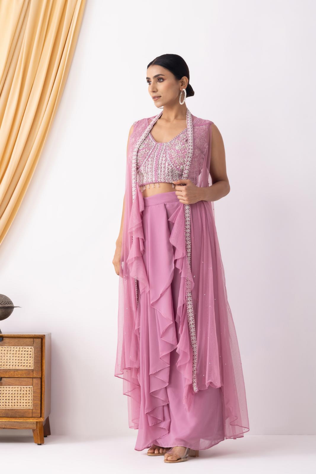 Pink Embellished Cape Set with Pleated Skirt