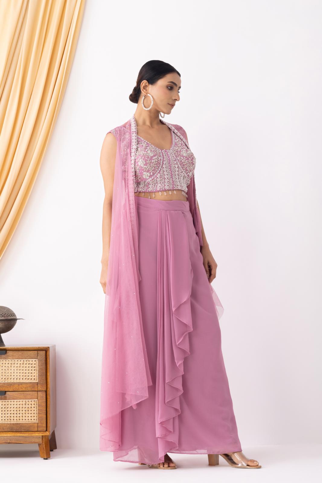 Pink Embellished Cape Set with Pleated Skirt