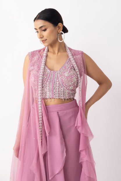 Pink Embellished Cape Set with Pleated Skirt