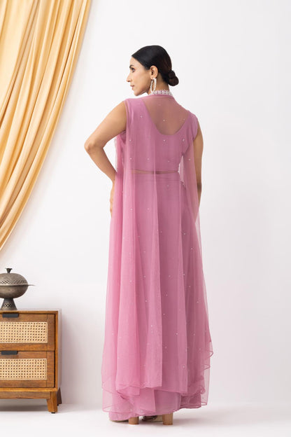 Pink Embellished Cape Set with Pleated Skirt