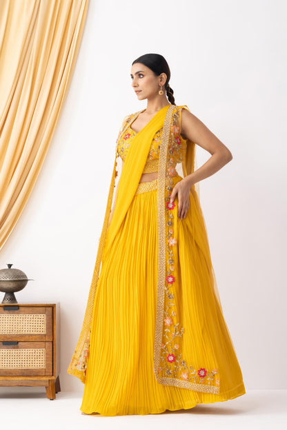 Mustard Yellow Georgette Draped Jacket Saree Set