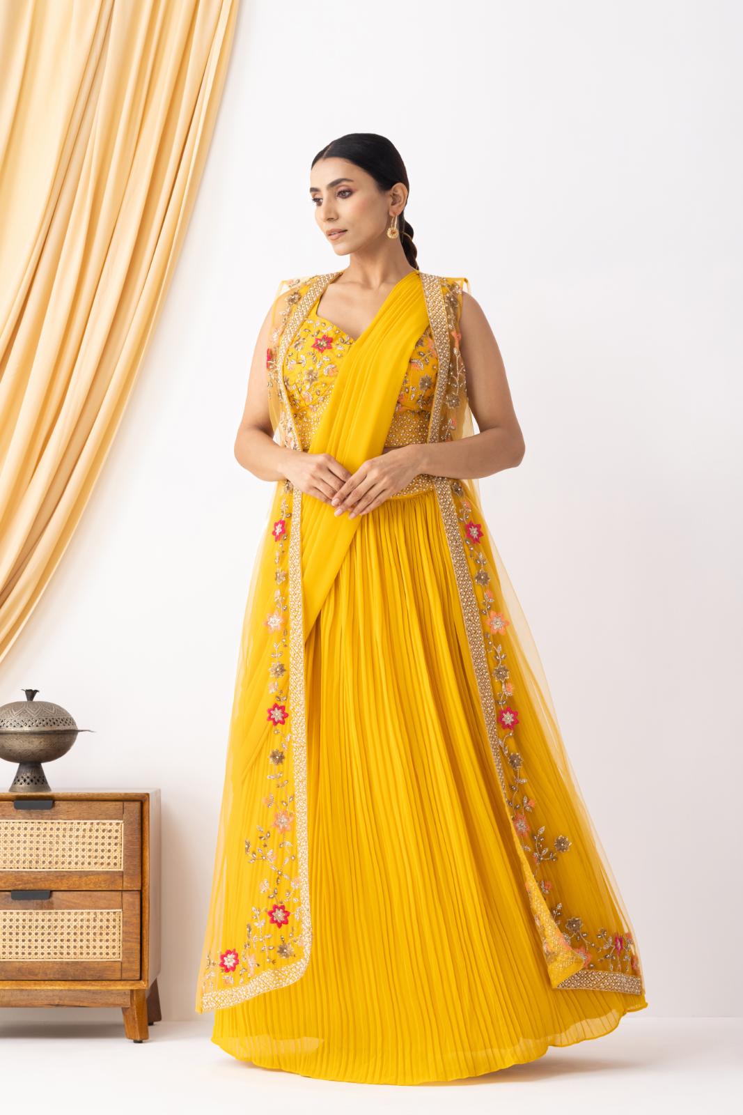 Mustard Yellow Georgette Draped Jacket Saree Set