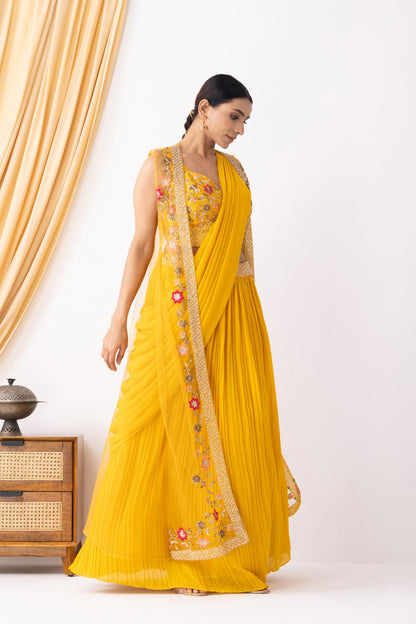 Mustard Yellow Georgette Draped Jacket Saree Set