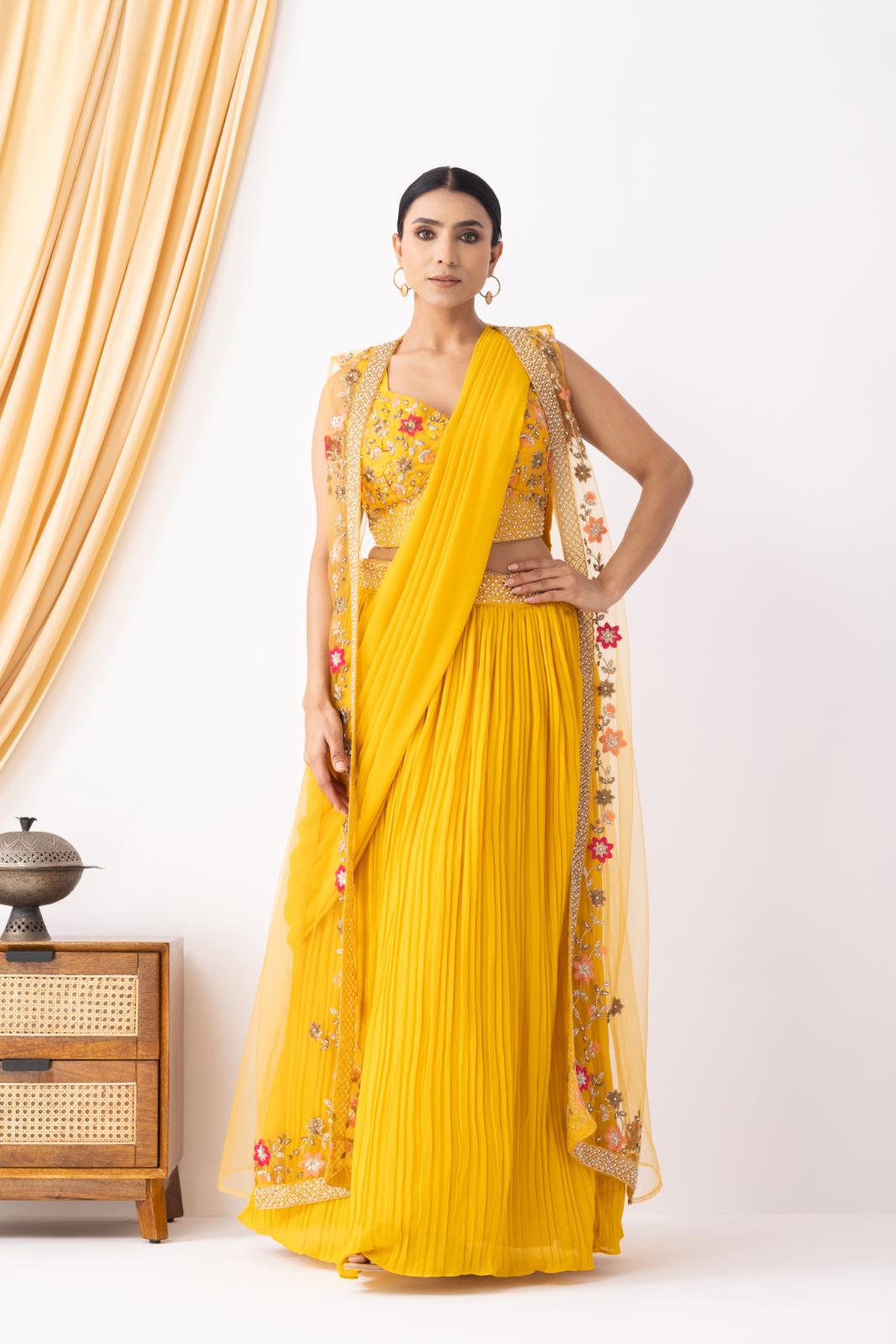 Mustard Yellow Georgette Draped Jacket Saree Set