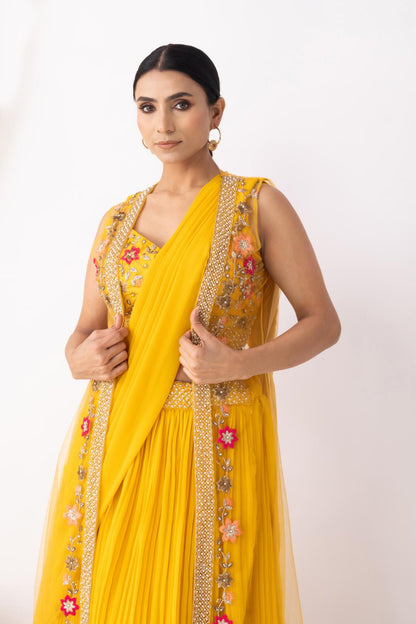 Mustard Yellow Georgette Draped Jacket Saree Set