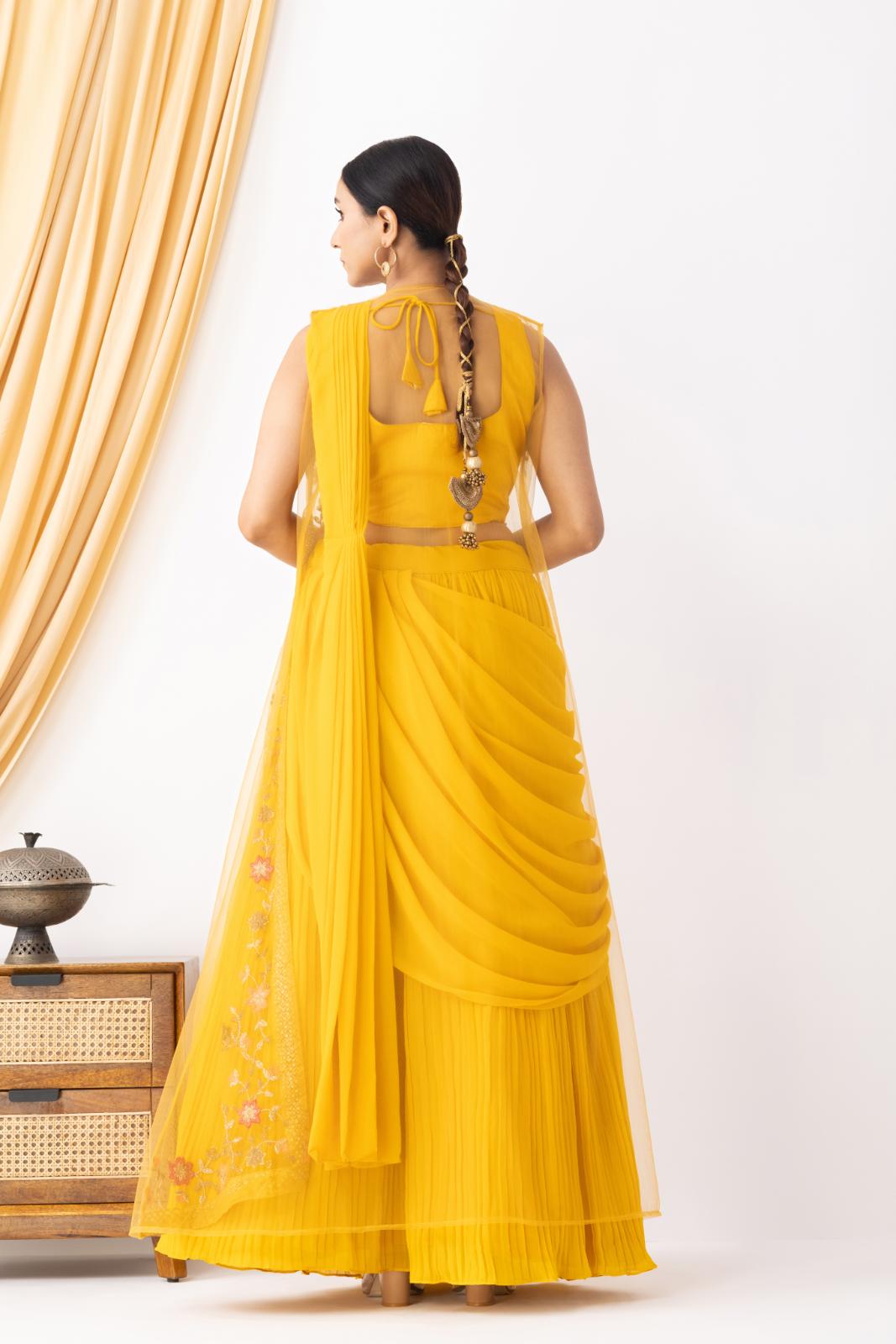 Mustard Yellow Georgette Draped Jacket Saree Set