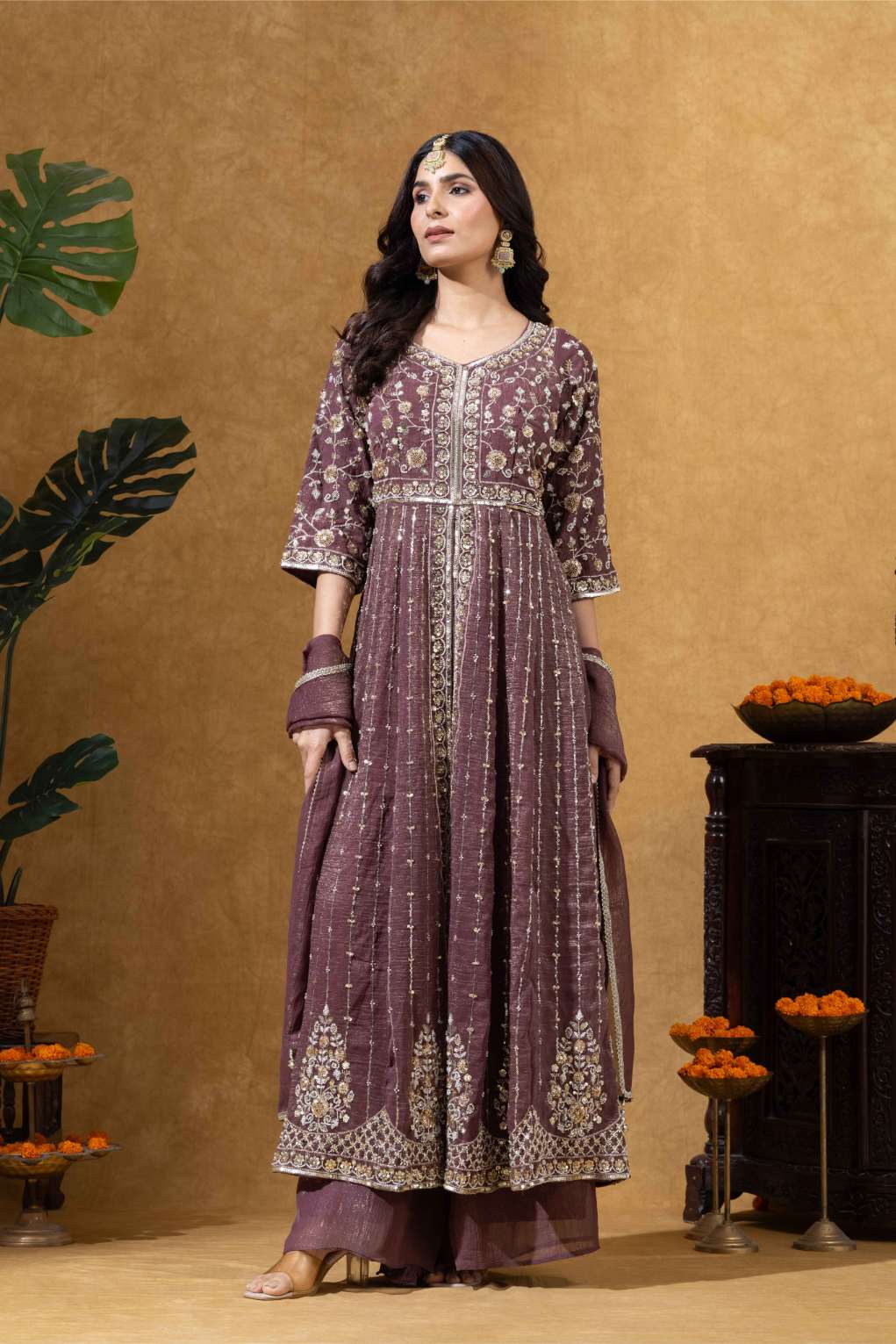Wine Embroidered Anarkali Set