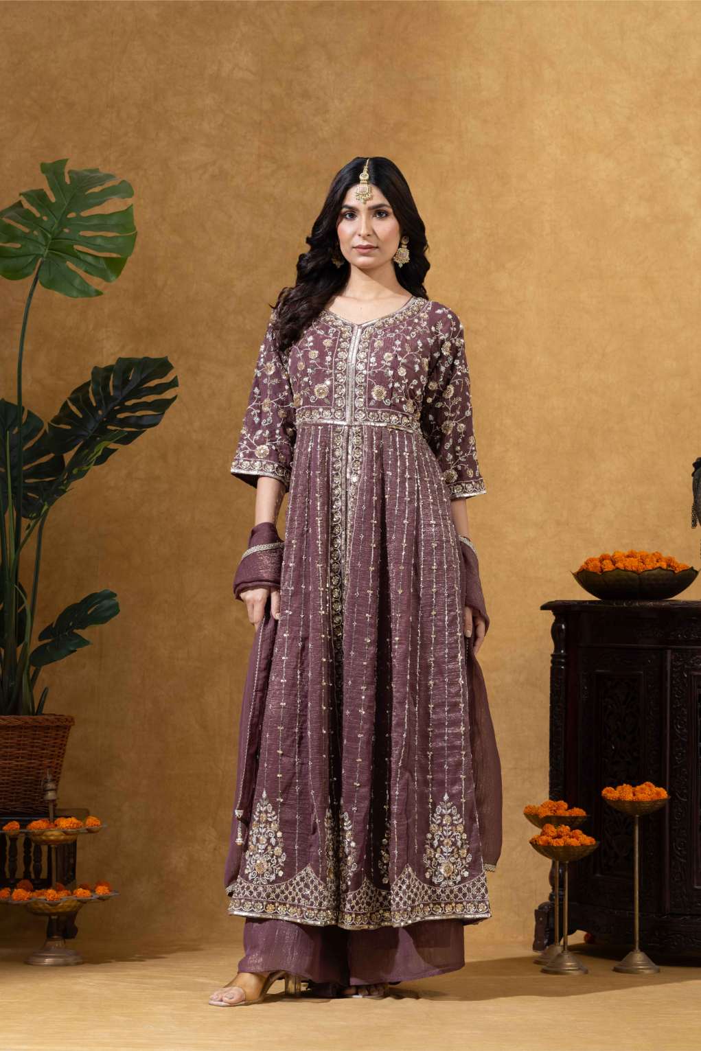 Wine Embroidered Anarkali Set
