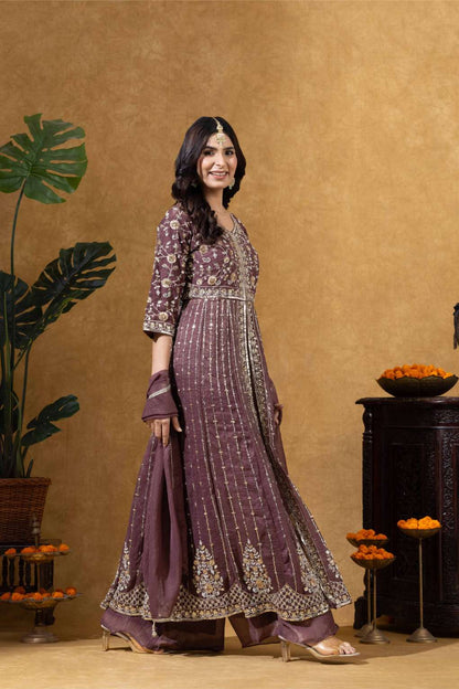 Wine Embroidered Anarkali Set
