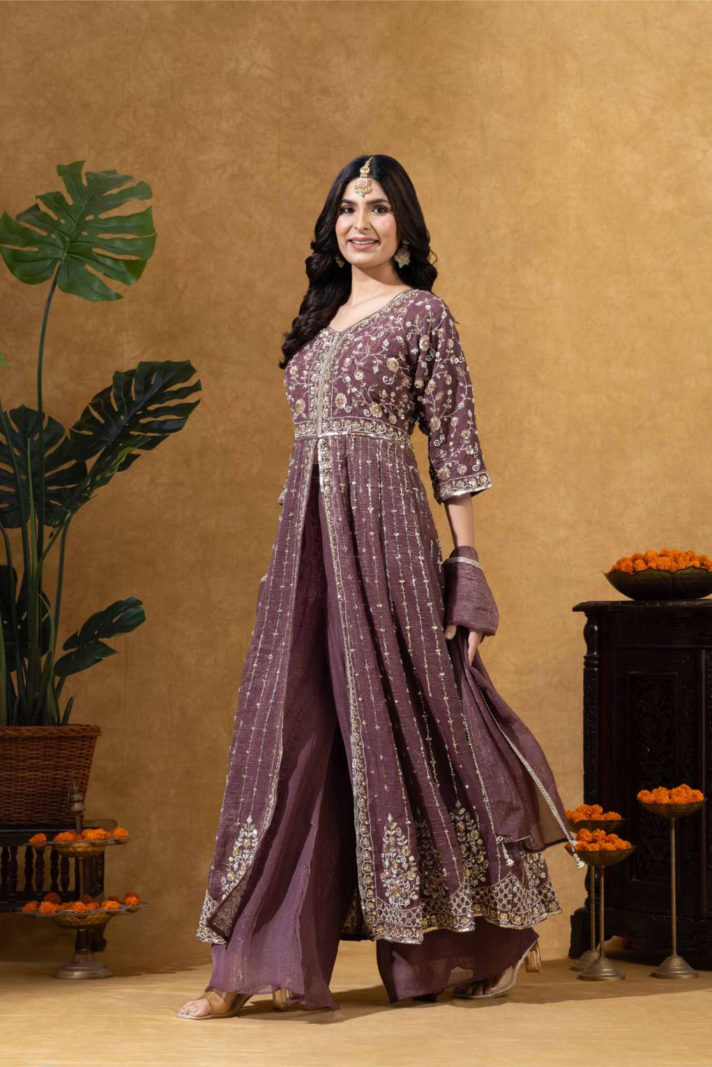 Wine Embroidered Anarkali Set