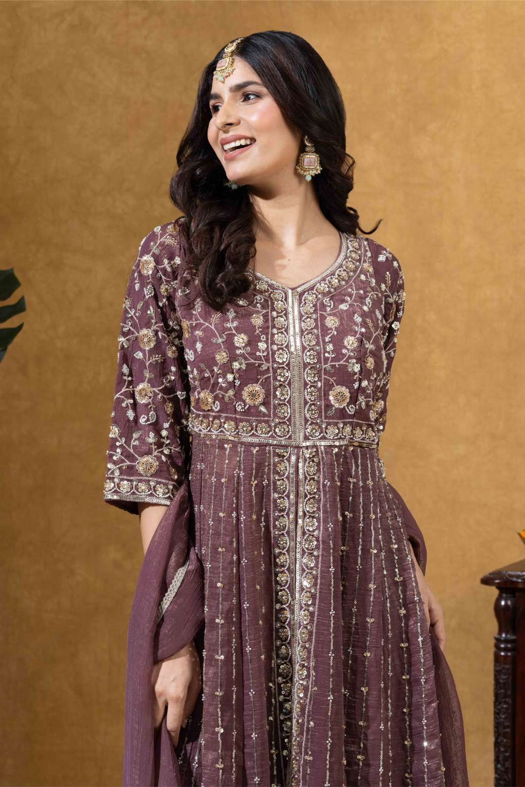 Wine Embroidered Anarkali Set