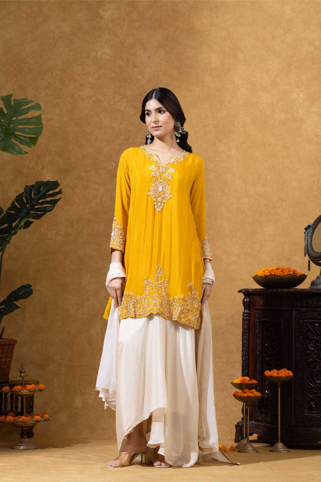 Golden Yellow Embroidered Kurta with Pleated Dhoti Skirt Set