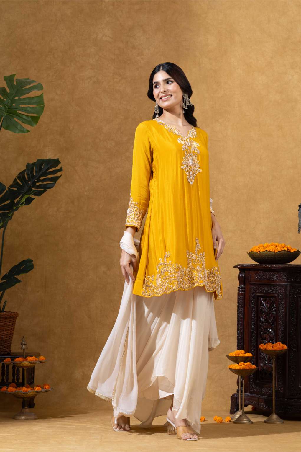 Golden Yellow Embroidered Kurta with Pleated Dhoti Skirt Set