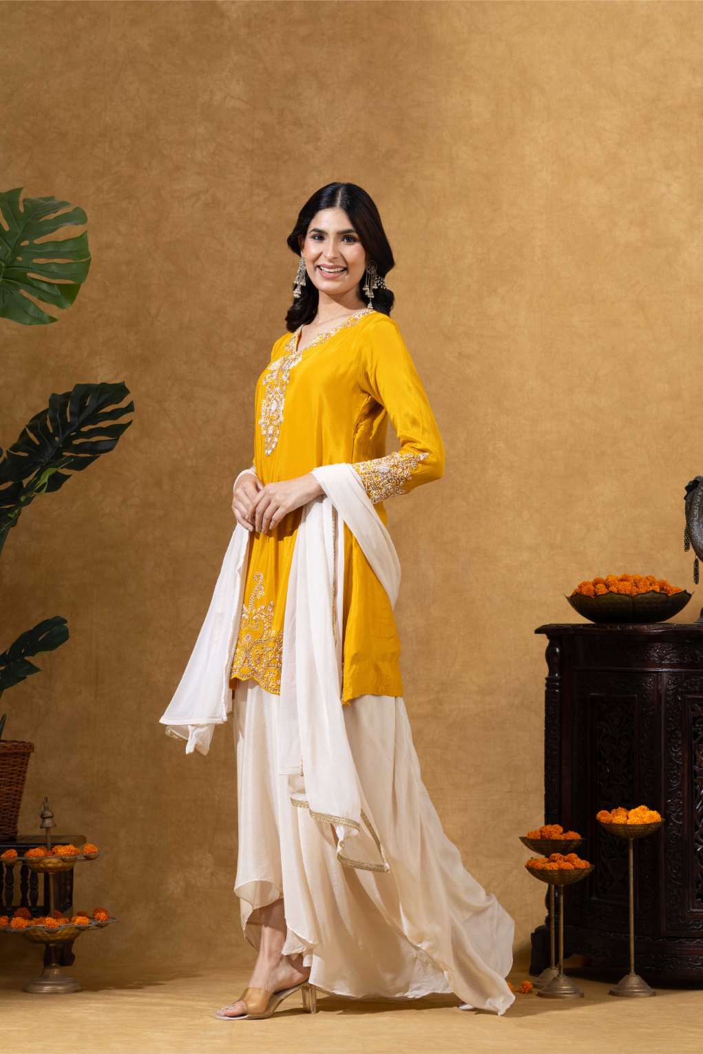 Golden Yellow Embroidered Kurta with Pleated Dhoti Skirt Set