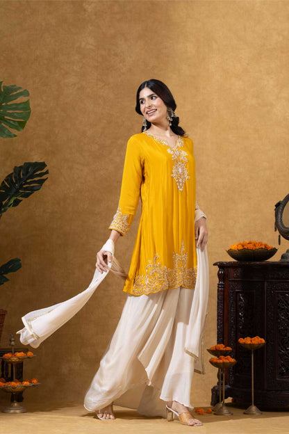 Golden Yellow Embroidered Kurta with Pleated Dhoti Skirt Set