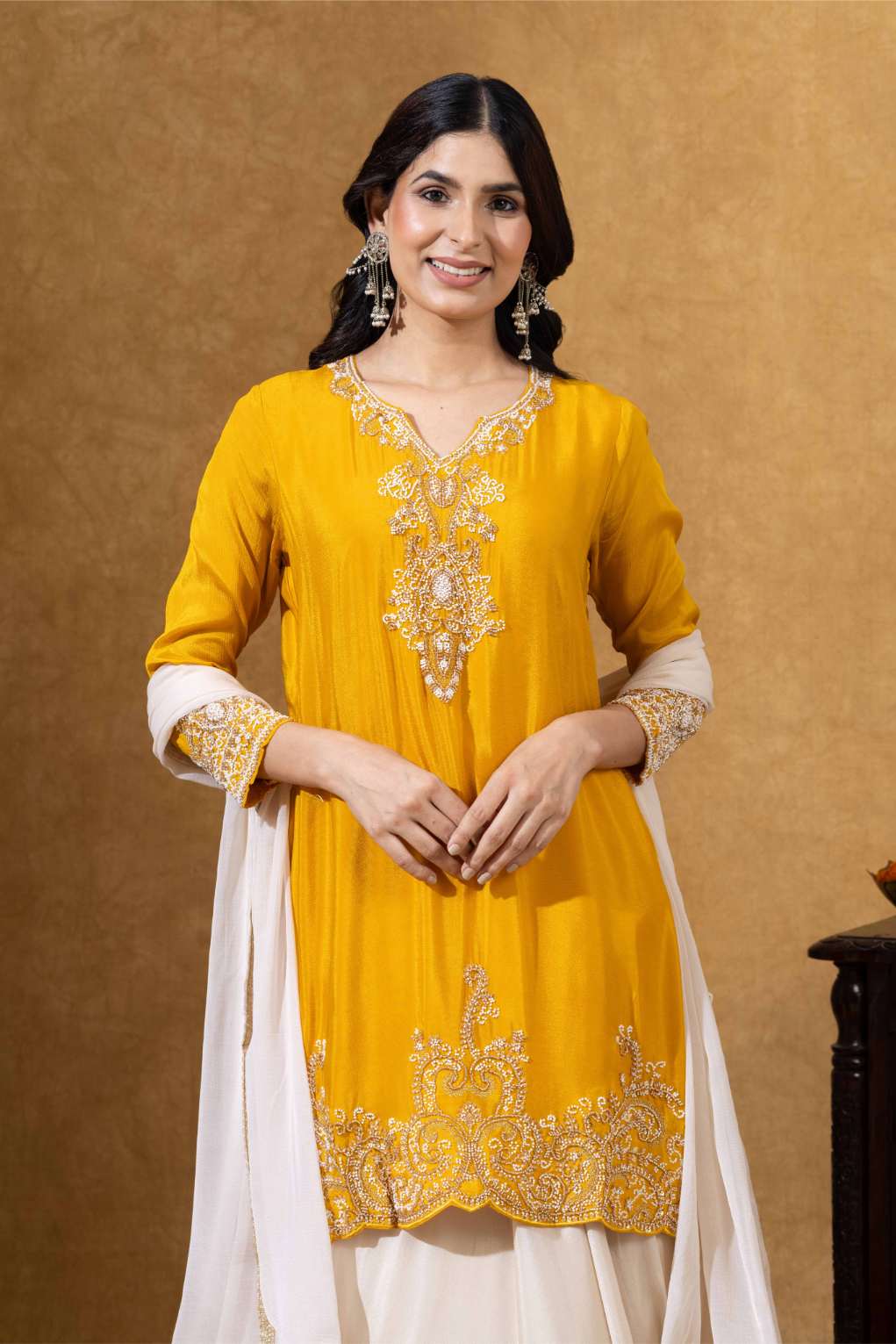 Golden Yellow Embroidered Kurta with Pleated Dhoti Skirt Set