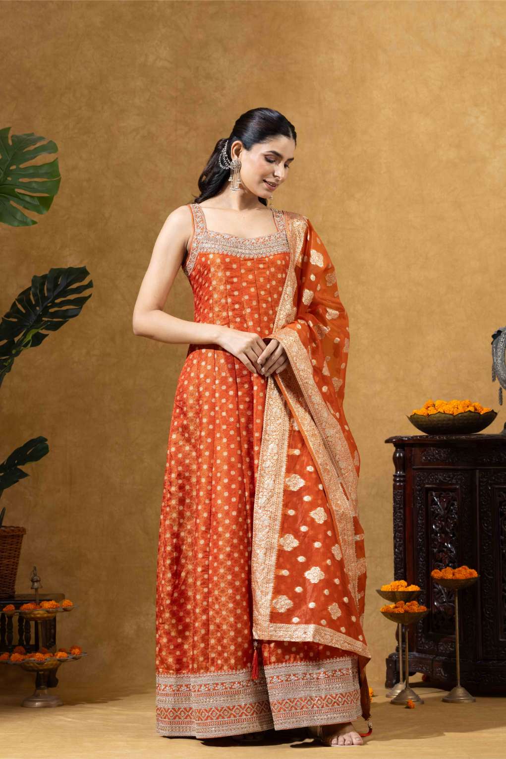 Coral Orange Printed Embellished Anarkali