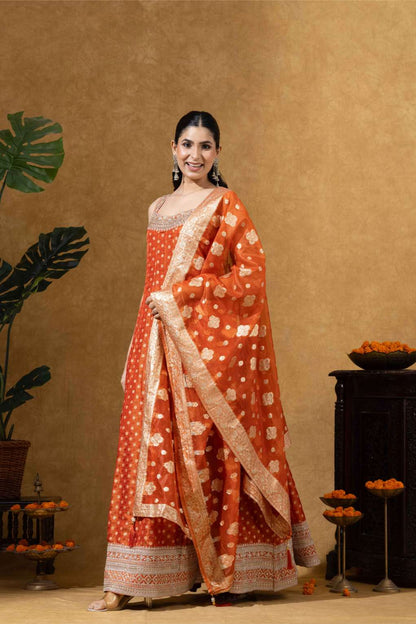 Coral Orange Printed Embellished Anarkali
