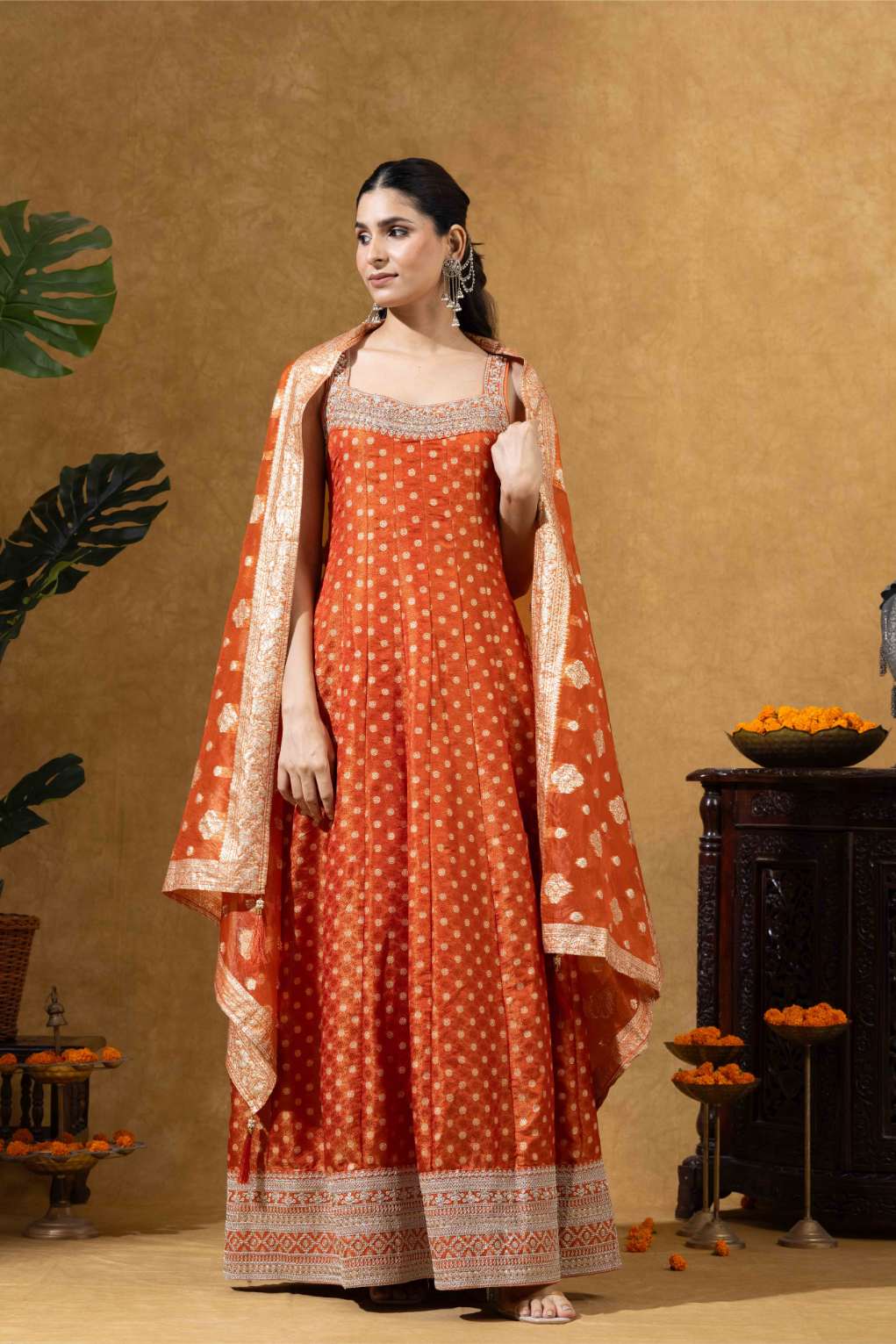Coral Orange Printed Embellished Anarkali