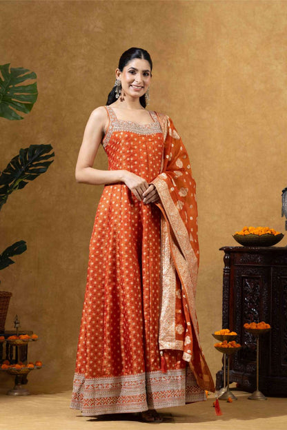 Coral Orange Printed Embellished Anarkali