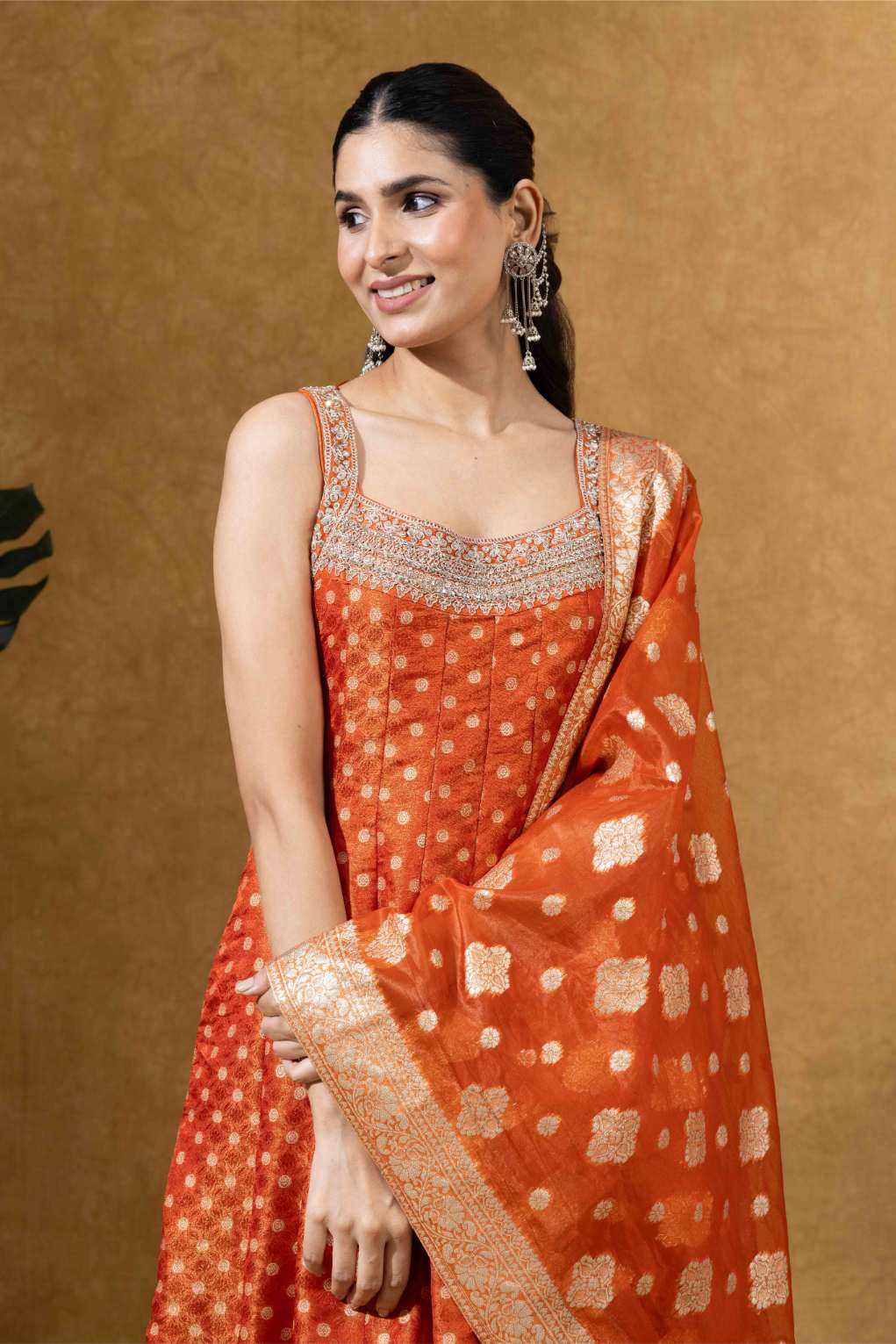 Coral Orange Printed Embellished Anarkali