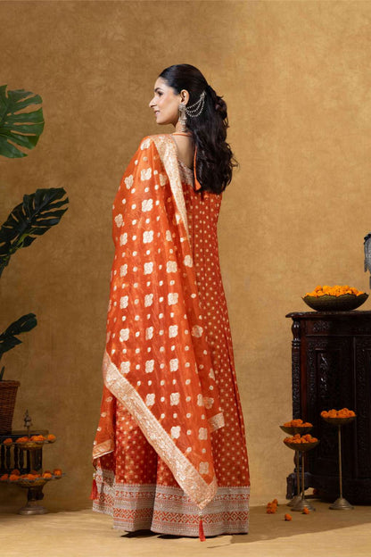 Coral Orange Printed Embellished Anarkali