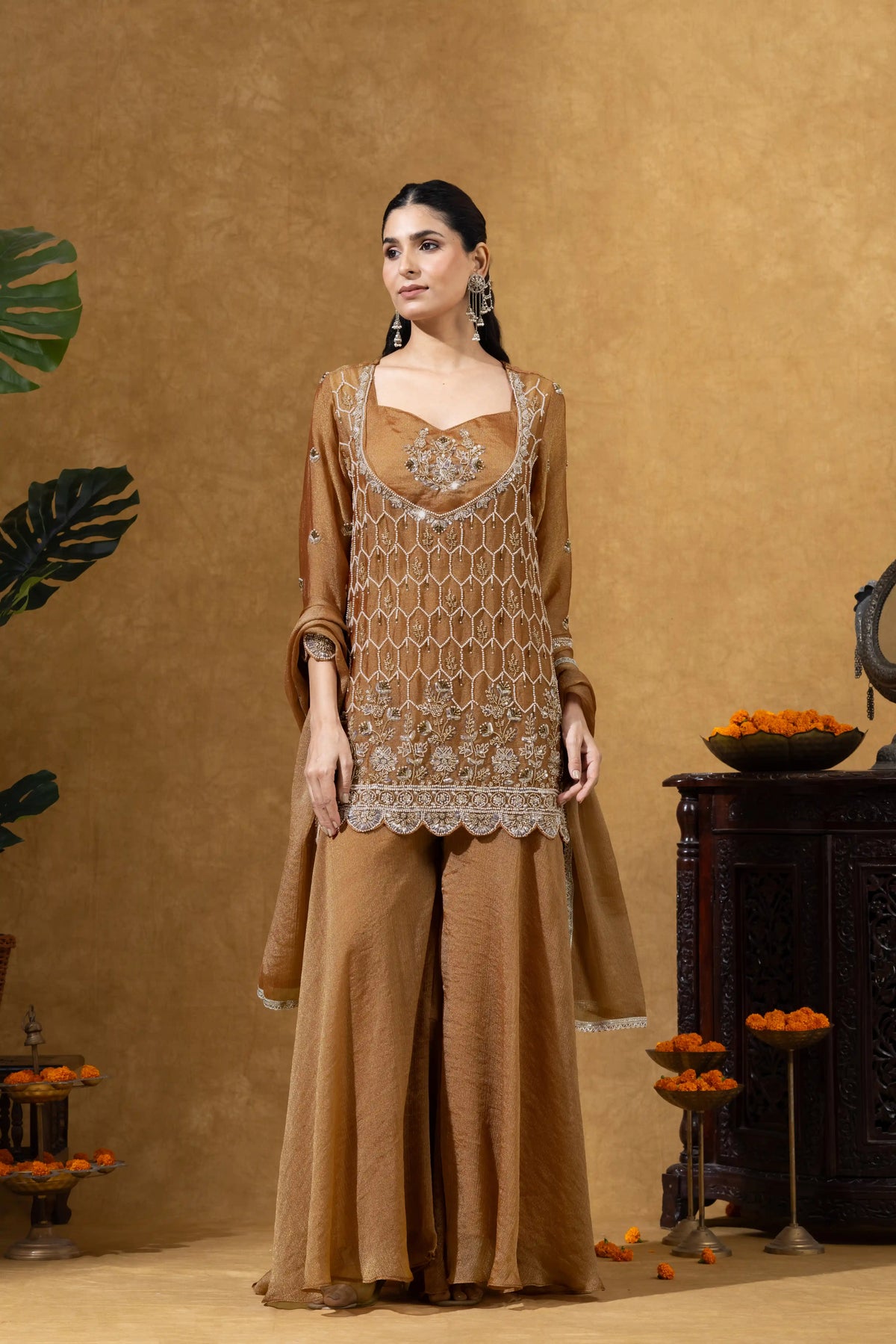 Rust Brown Embroidered Kurta Palazzo Set