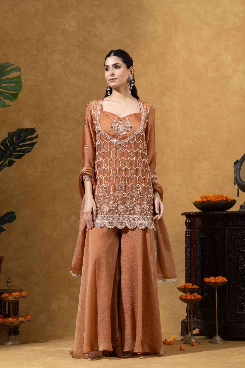 Rust Orange Embroidered Kurta Palazzo Set