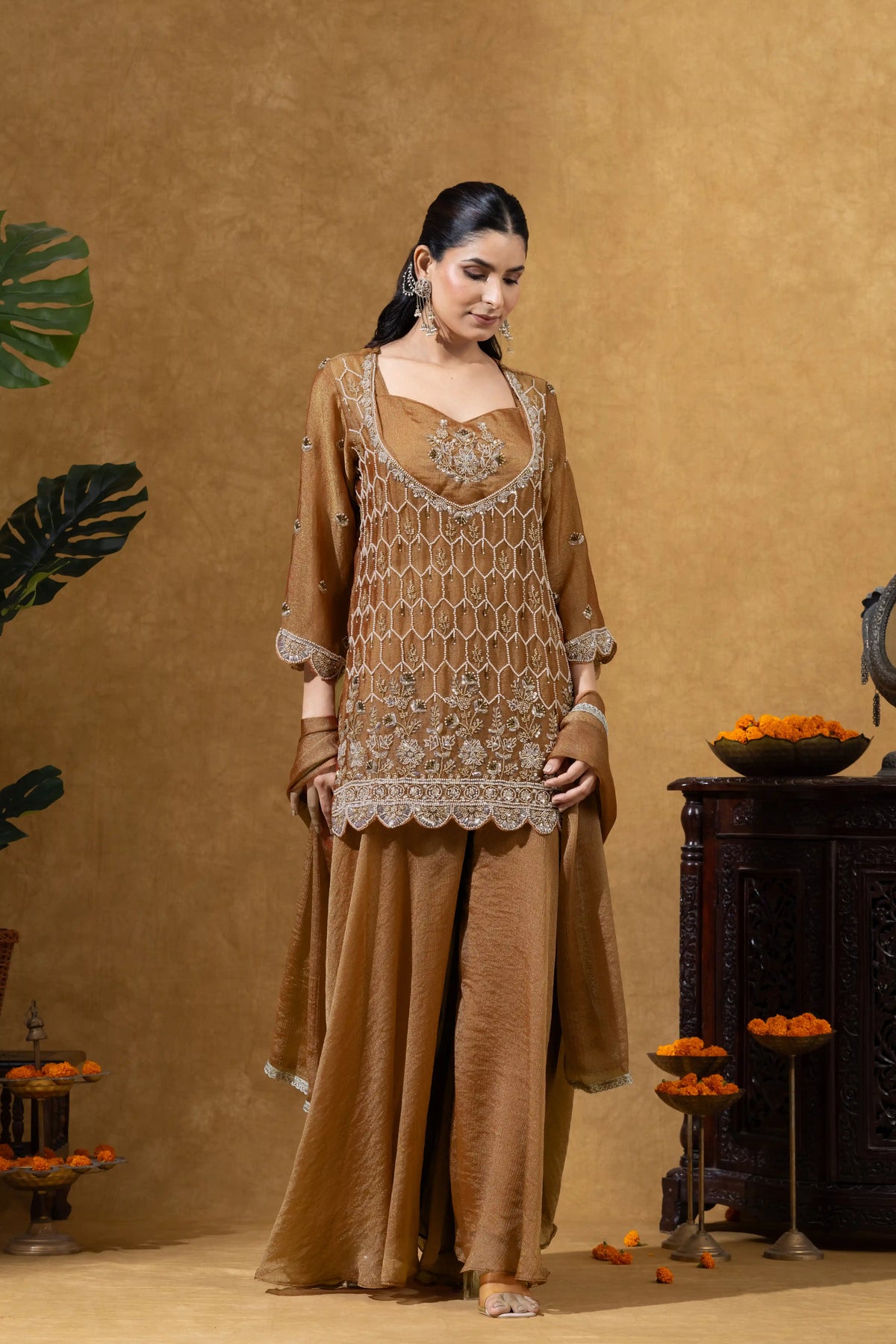 Rust Brown Embroidered Kurta Palazzo Set