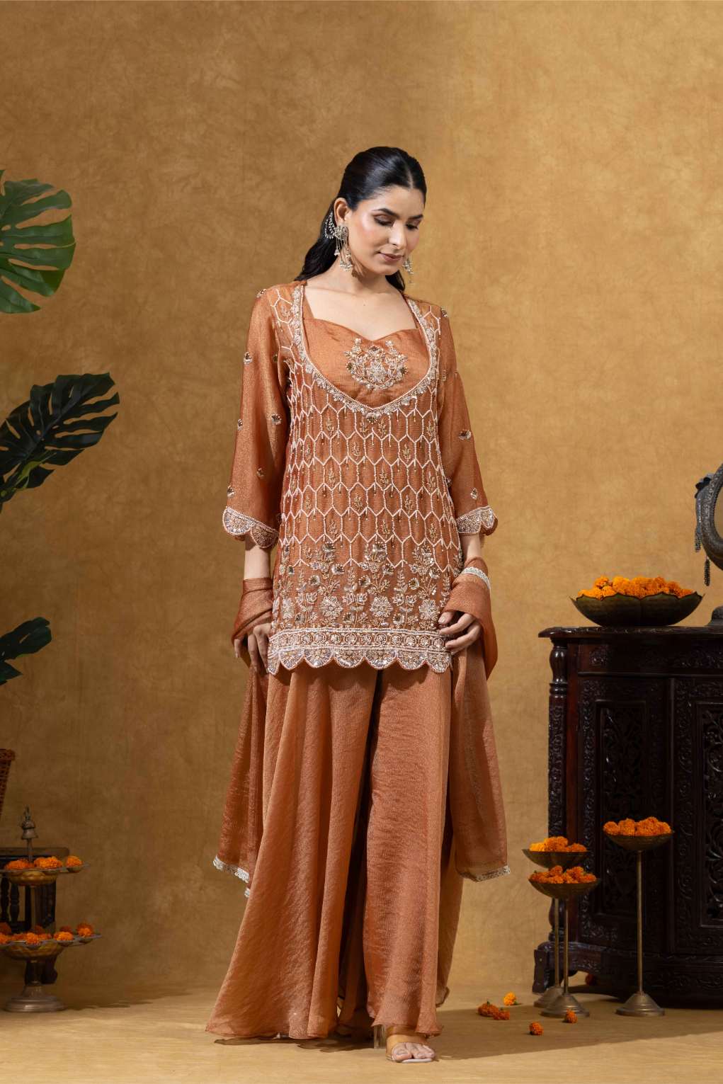 Rust Orange Embroidered Kurta Palazzo Set