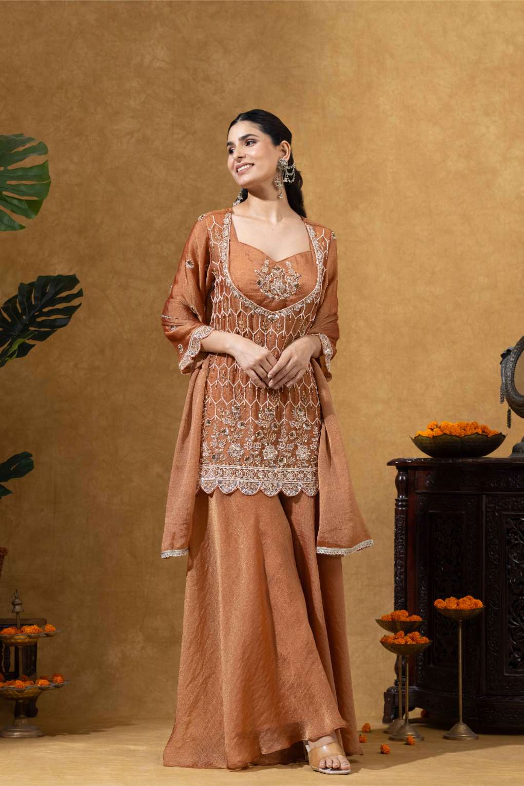 Rust Orange Embroidered Kurta Palazzo Set