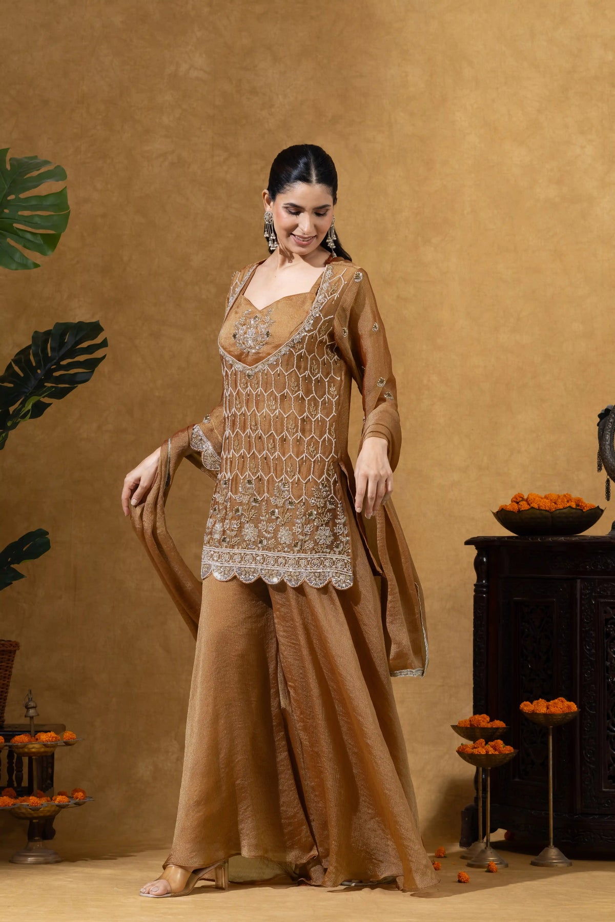 Rust Brown Embroidered Kurta Palazzo Set
