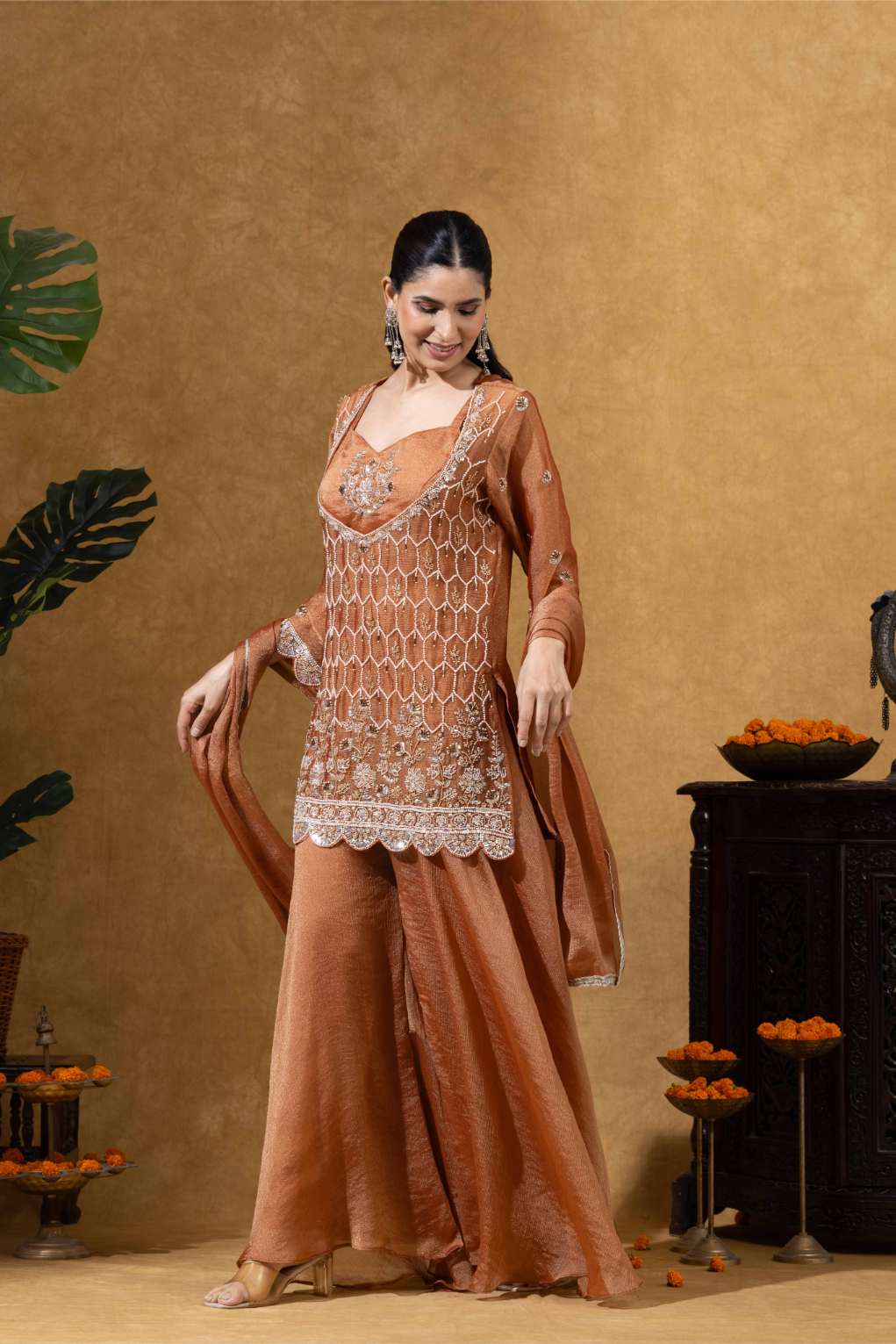 Rust Orange Embroidered Kurta Palazzo Set