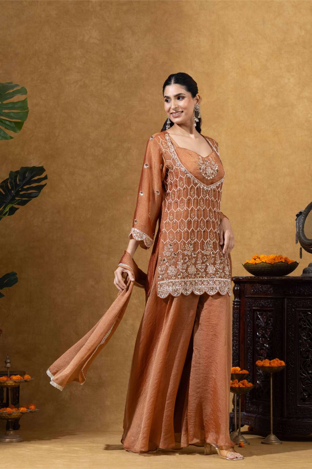 Rust Orange Embroidered Kurta Palazzo Set