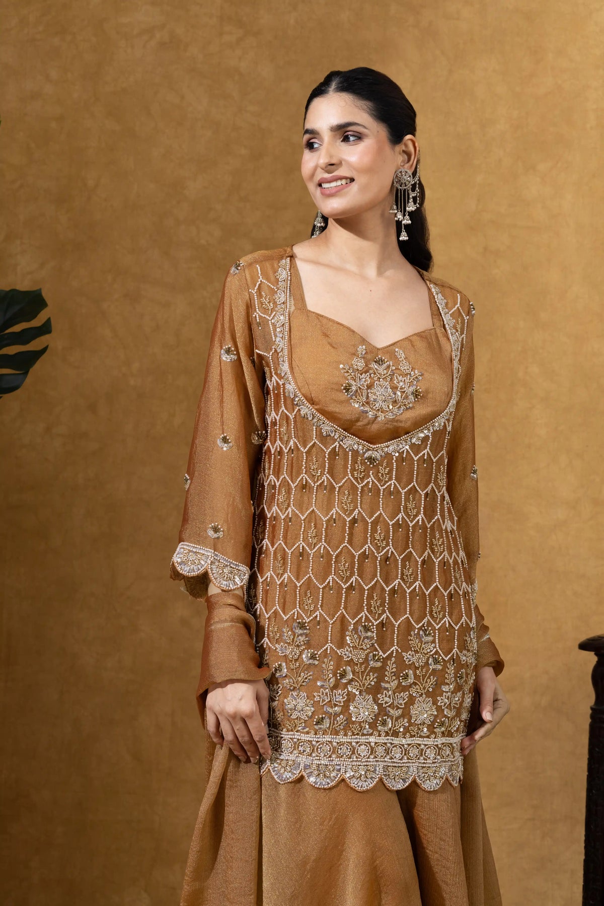Rust Brown Embroidered Kurta Palazzo Set