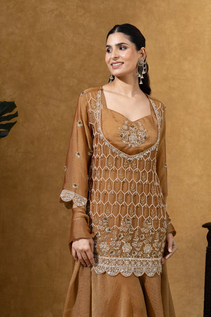 Rust Brown Embroidered Kurta Palazzo Set