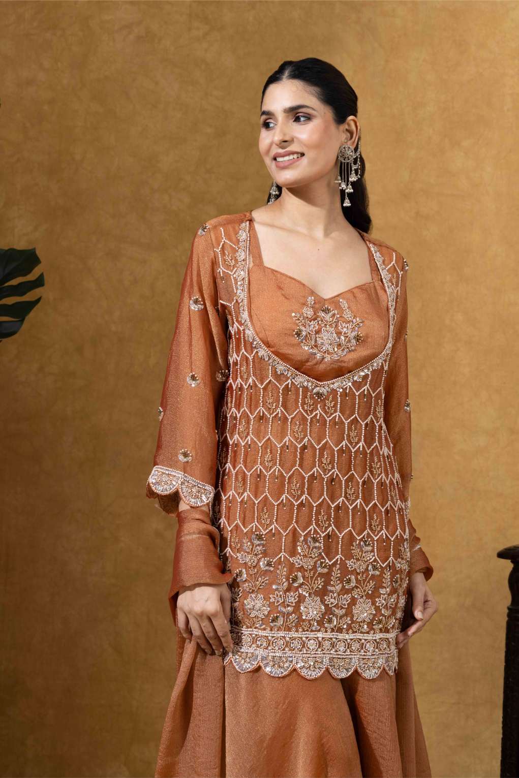 Rust Orange Embroidered Kurta Palazzo Set